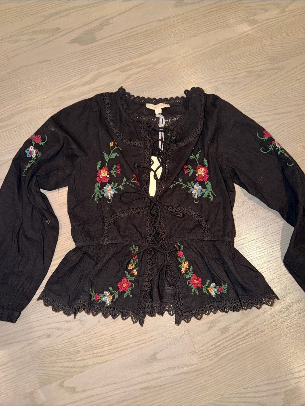 Jennifer & Grace Black Embroidered Peplum Tie-Front Blouse